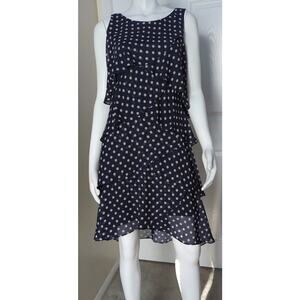 S.L.fashions Sleeveless Navy Tan Polka Dot Ruffled Sheer Tiered Shift Dress Sz 6